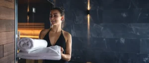 Girl is walking after the suana sesion