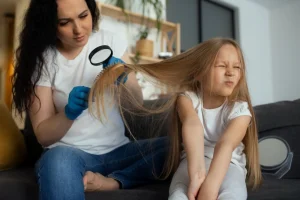 A mom and her daughter are working on lice